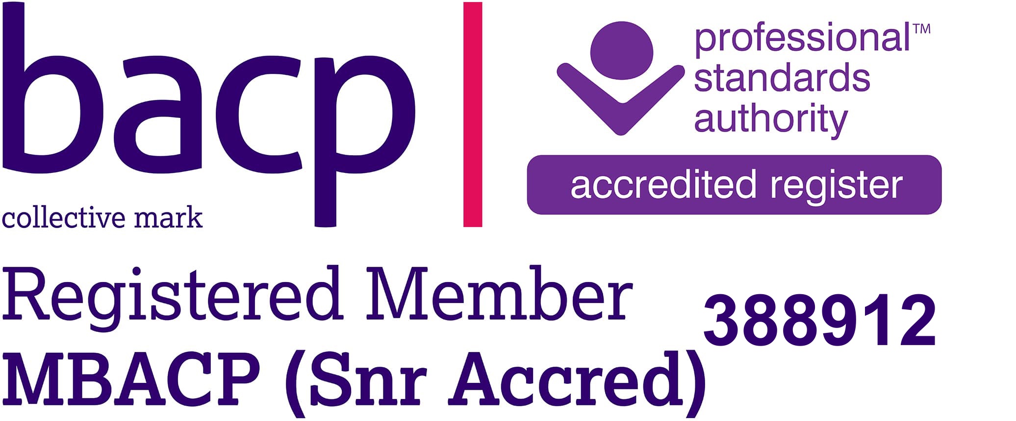 BACP Registered Member logo with accreditation details.